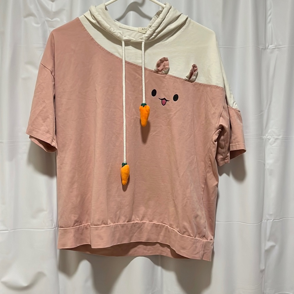 Bunny Hooded Tee. Super cute, carrot drawstrings. Pink and white. NWOT